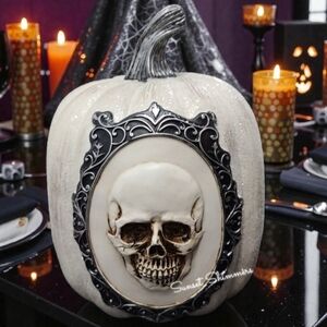Sparkly White Pumpkin Gothic Framed 3D Skeleton Skull Head Halloween Day Of Dead